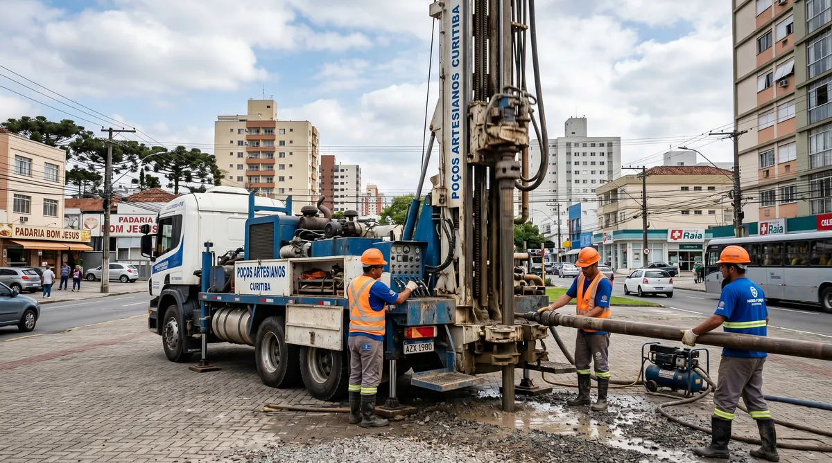 Equipe AquaFundo realizando perfuração de poço artesiano em Curitiba